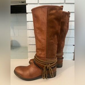 Women's Brown Mid-Calf Heeled Boots with Rope & Chain Detail